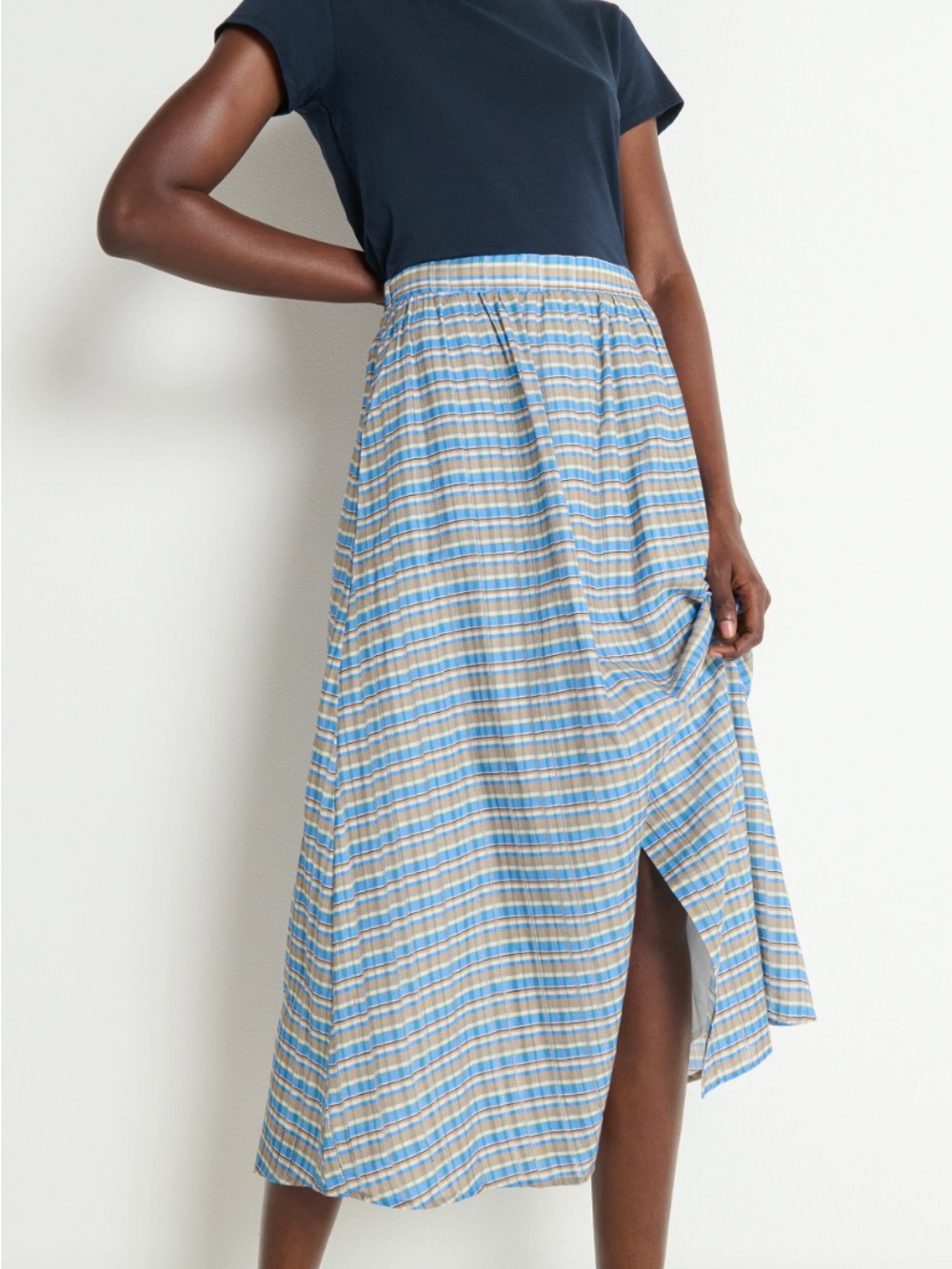 Nation LTD Blue and Tan Plaid Midi Skirt with Side Slit
